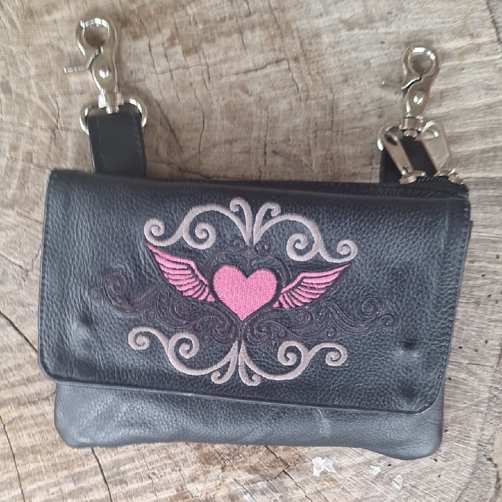 Black With Winged Heart Leather Womens Belt Bag